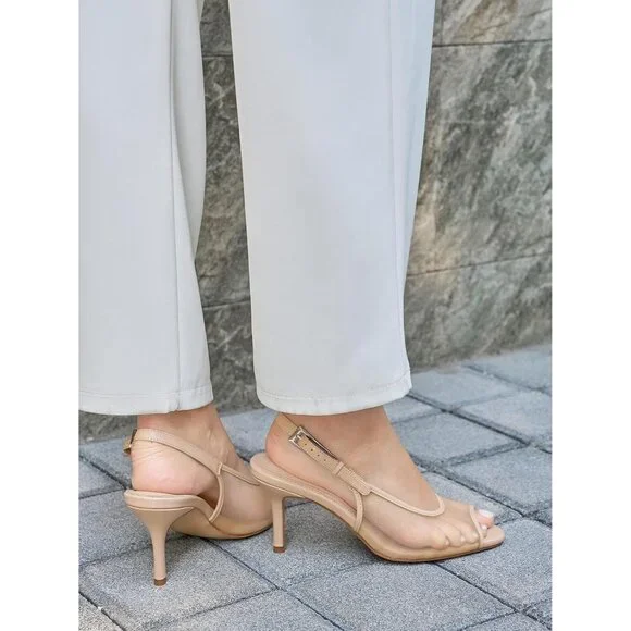 Women's Khaki Slingback High Heels Open Peep Toe Mesh Sandal Buckle Dress Shoes - Picture 3 of 6